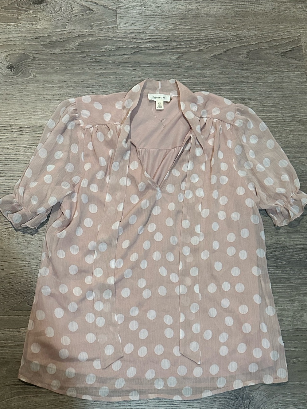 Tamara H. Pink Polka Dot Sheer Blouse Puff Sleeve Ruffle Top Size S